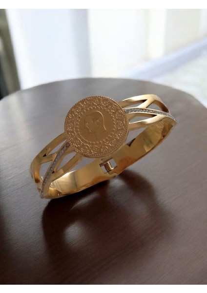 316L Gold Çelik Kararmaz Çeyrekli Kelepçe Bileklik