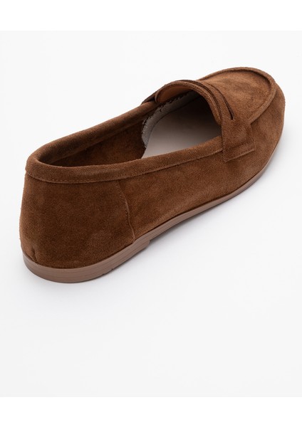 F02 Kahverengi Süet Deri Kadın Loafer Ayakkabı