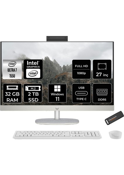 27 Intel Core Ultra 7 155U 32GB 2tb SSD 27" Fhd W11H All In One Bilgisayar & Per4 USB Bellek 9W335EAPN359