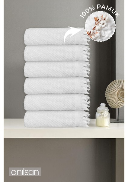 6'lı Beyaz Jelena El Havlusu - 50x90 Cm, 225 Gr, %100 Pamuk, Spa Ve Otel Havlusu, Günlük Kullanıma Uygun