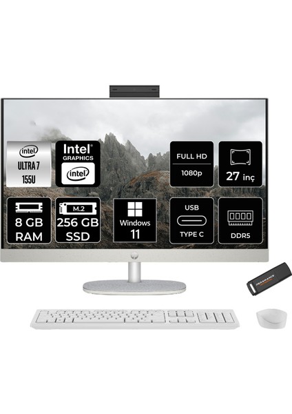 27 Intel Core Ultra 7 155U 8gb 256GB SSD 27" Fhd W11P All In One Bilgisayar & Per4 USB Bellek 9W335EAPN381