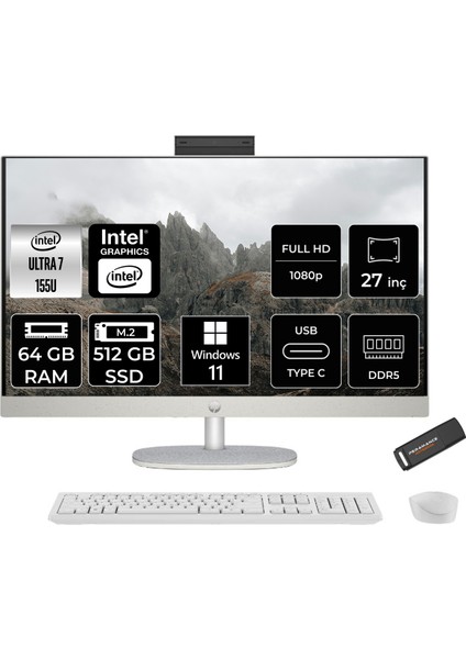 27 Intel Core Ultra 7 155U 64GB 512GB SSD 27" Fhd W11P All In One Bilgisayar & Per4 USB Bellek 9W335EAPN412