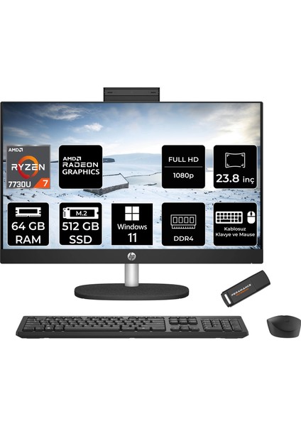 24 Amd Ryzen 7 7730U 64GB 512GB SSD 23.8" Fhd Windows 11 Pro All In One Bilgisayar & Per4 USB Bellek All-in-One Bilgisayar 80N41EAPN447