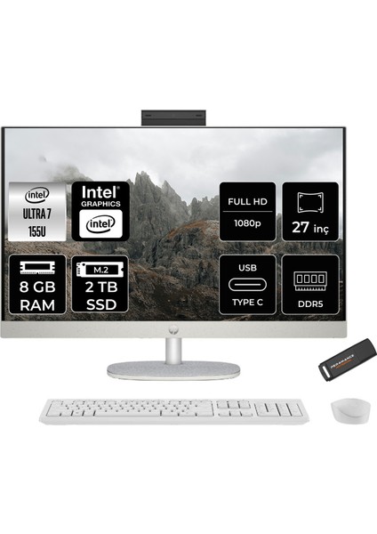 27 Intel Core Ultra 7 155U 8gb 2tb SSD 27" Fhd Fdos All In One Bilgisayar & Per4 USB Bellek 9W335EAPN304