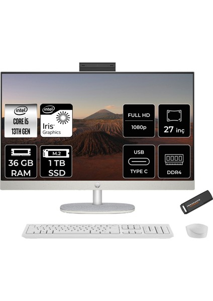 27 Intel Core I5 1335U 36GB 1tb SSD 27" Fhd Fdos All In One Bilgisayar & Per4 USB Bellek All-in-One Bilgisayar 898B9EAPN333