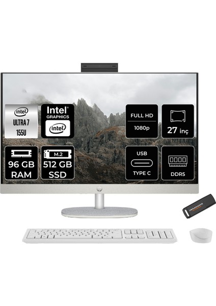 27 Intel Core Ultra 7 155U 96GB 512GB SSD 27" Fhd Fdos All In One Bilgisayar & Per4 USB Bellek 9W335EAPN337
