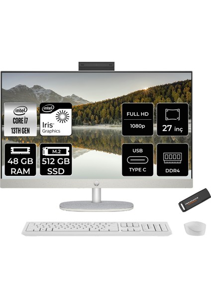 27 Intel Core I7 1355U 48GB 512GB SSD 27" Fhd Fdos All In One Bilgisayar & Per4 USB Bellek All-in-One Bilgisayar 898B4EAPN342