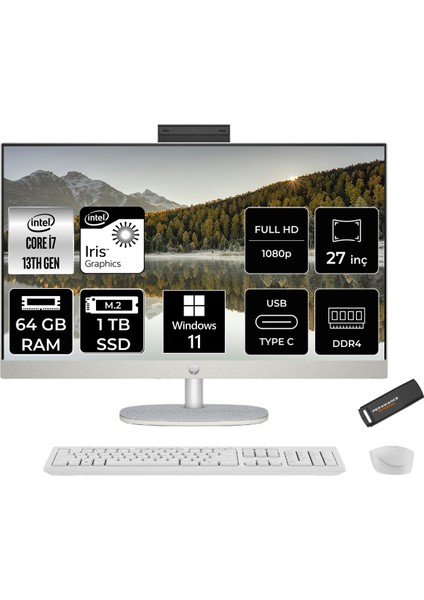 27 Intel Core I7 1355U 64GB 1tb SSD 27" Fhd Windows 11 Home All In One Bilgisayar & Per4 USB Bellek All-in-One Bilgisayar 898B4EAPN398
