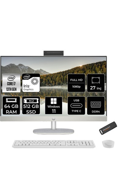 27 Intel Core I7 1355U 64GB 512GB SSD 27" Fhd Windows 11 Home All In One Bilgisayar & Per4 USB Bellek All-in-One Bilgisayar 898B4EAPN397