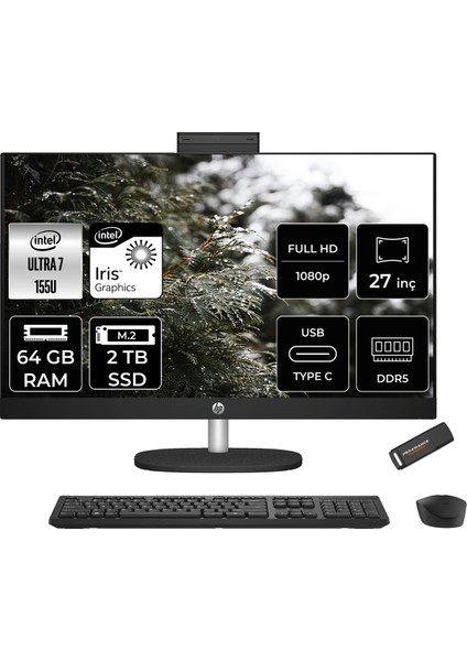27 Intel Core Ultra 7 155U 64GB 2tb SSD 27" Fhd Fdos All In One Bilgisayar & Per4 USB Bellek B88GNEAPN334