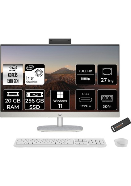 27 Intel Core I5 1335U 20GB 256GB SSD 27" Fhd Windows 11 Pro All In One Bilgisayar & Per4 USB Bellek All-in-One Bilgisayar 898B9EAPN416