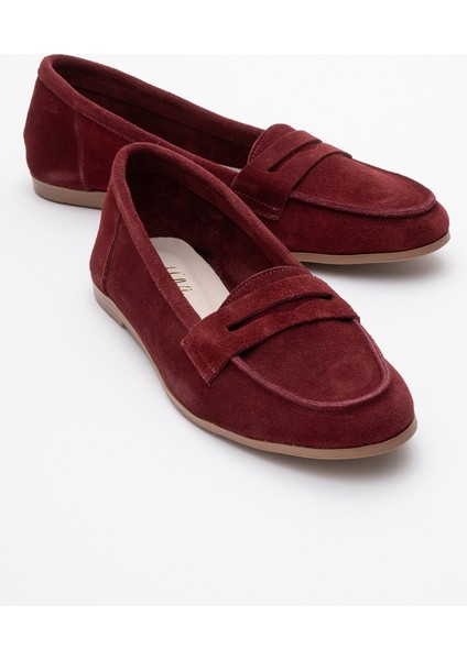 F02 Bordo Süet Deri Kadın Loafer Ayakkabı