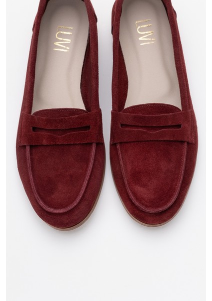 F02 Bordo Süet Deri Kadın Loafer Ayakkabı