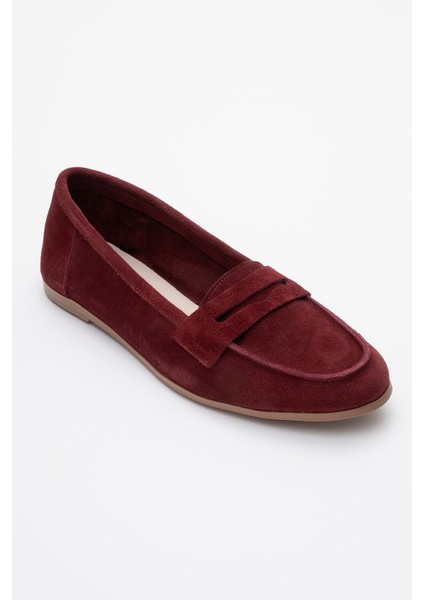 F02 Bordo Süet Deri Kadın Loafer Ayakkabı