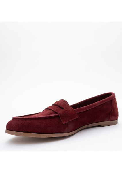 F02 Bordo Süet Deri Kadın Loafer Ayakkabı