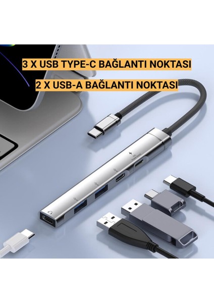 5in1 3x Type C ve 2x USB Girişli Type C Çoğaltıcı Dönüştürücü Hub Adaptör, Ses, Veri, Güç Aktarım