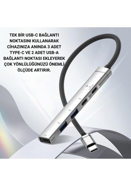 5in1 3x Type C ve 2x USB Girişli Type C Çoğaltıcı Dönüştürücü Hub Adaptör, Ses, Veri, Güç Aktarım