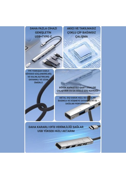5in1 3x Type C ve 2x USB Girişli Type C Çoğaltıcı Dönüştürücü Hub Adaptör, Ses, Veri, Güç Aktarım