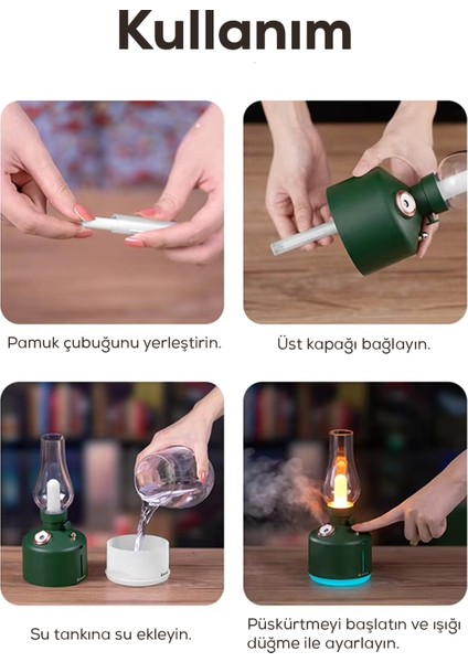 Şarjlı Nostaljik Gaz Lambası Hava Nemlendirici ve Buhar Makinesi- Masa ve Gece Lambası Yeşil
