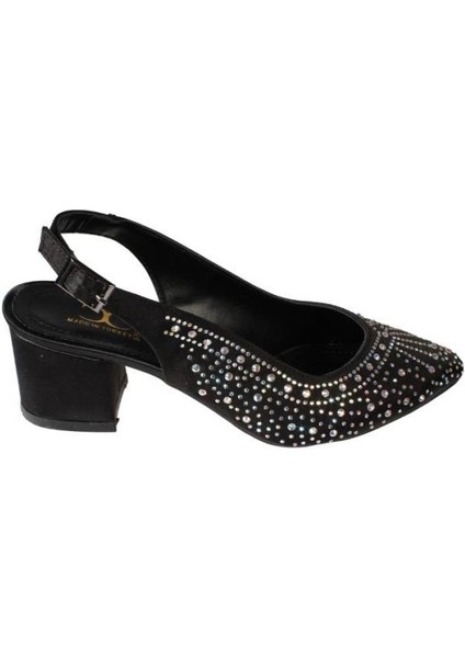 Yazkış Kadın Siyah Gümüş Saten Işın Taşlı 5cm Kalın Topuk Önü Kapalı Arkası Açık Abiye Ayakkabı