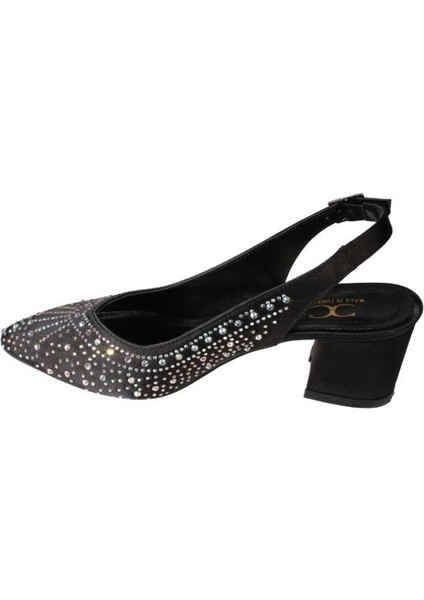 Yazkış Kadın Siyah Gümüş Saten Işın Taşlı 5cm Kalın Topuk Önü Kapalı Arkası Açık Abiye Ayakkabı fiyatları