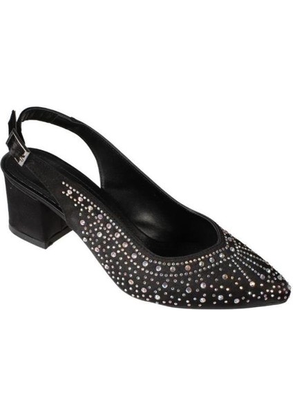 Yazkış Kadın Siyah Gümüş Saten Işın Taşlı 5cm Kalın Topuk Önü Kapalı Arkası Açık Abiye Ayakkabı