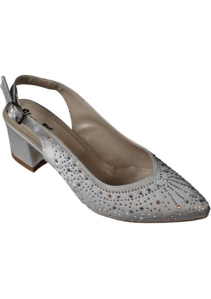Yazkış Kadın Siyah Gümüş Saten Işın Taşlı 5cm Kalın Topuk Önü Kapalı Arkası Açık Abiye Ayakkabı fiyatları