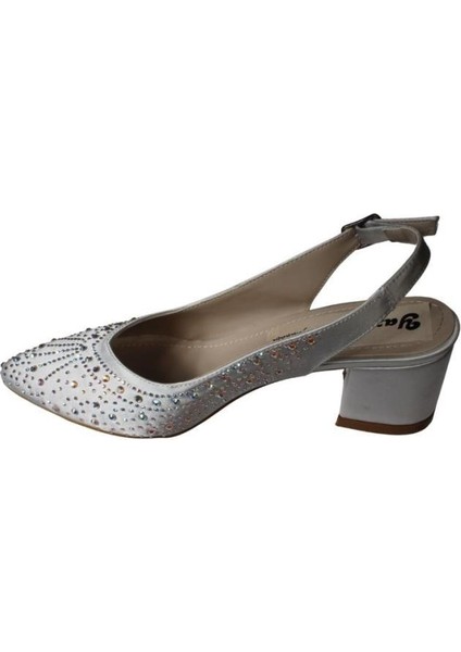 Yazkış Kadın Siyah Gümüş Saten Işın Taşlı 5cm Kalın Topuk Önü Kapalı Arkası Açık Abiye Ayakkabı fırsatları