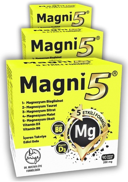 Magni5 Magnezyum 5 Etkili Form 3 Aylık 90 Kapsül B6 D3 Vitamini Bisglisinat Taurat Sitrat Malat Oksit 3'lü