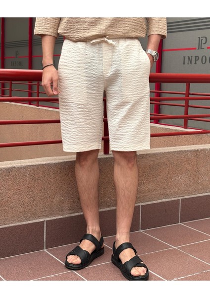 Erkek, beli lastikli, Regular fit, gofreli dokuma kumaş, keten karışımlı, Şort-Bermuda 297