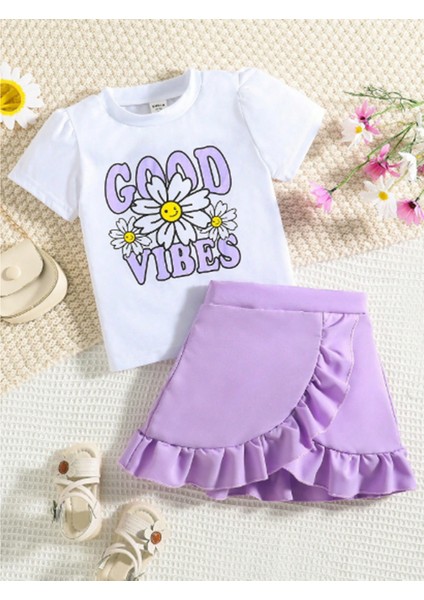 Kız Çocuk Fırfırlı Etekli Takım Good Vibes Baskılı