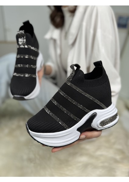 Günlük Triko Kadın Sneaker Gizli Topuk Taşlı Oval Burun Rahat Kalıp Nefes Alabilen Spor Ayakkabı 271