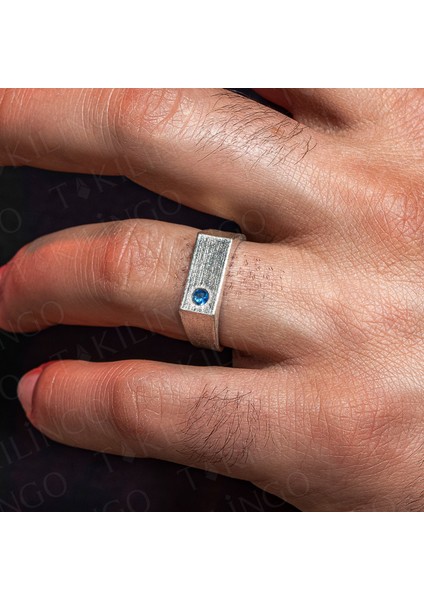 925 Ayar Gümüş Mavi Zirkon Taşlı Sade Erkek Yüzük