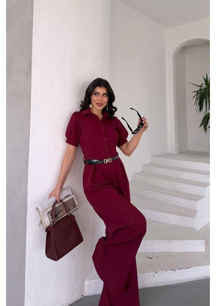 Kadın Gömlek Yaka Kemerli Geniş Paça Tulum NBK4197 indirimleri
