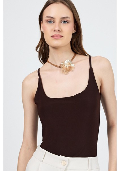 Kahve Ince Askılı Çıtçıtlı Bodysuit 13255