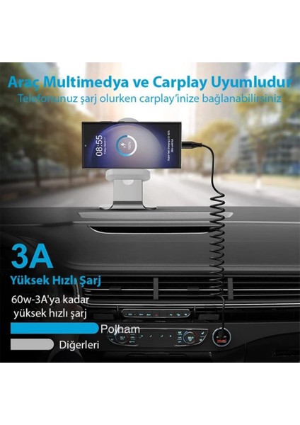 3A 60W Spiral Type C To Type C Şarj ve Data Kablosu,1-1,5 Metre Kısayıp Uzayabilen Elastik Kablo
