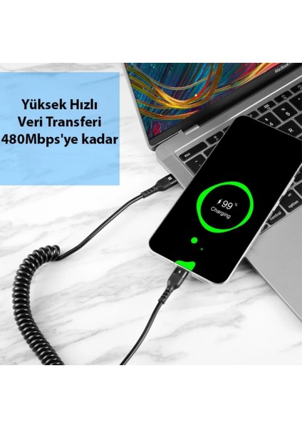 3A 60W Spiral Type C To Type C Şarj ve Data Kablosu,1-1,5 Metre Kısayıp Uzayabilen Elastik Kablo
