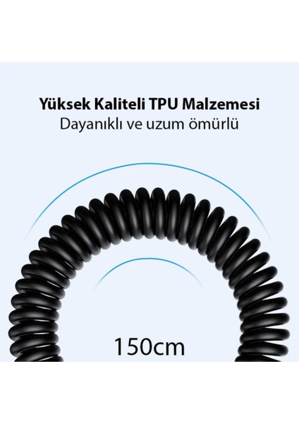 3A 60W Spiral Type C To Type C Şarj ve Data Kablosu,1-1,5 Metre Kısayıp Uzayabilen Elastik Kablo