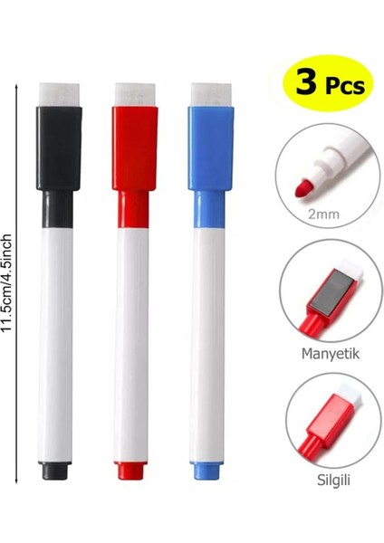 Mıknatıslı Silgili Akıllı Tahta Kalemi 3 Adet (Pembe-Siyah-Mavi) Silinebilir Beyaz Tahta Kalemi fiyatları