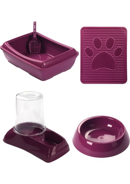 Ekonomik 4'lü Kedi Seti (Tuvalet + Suluk + Mama Kabı + Paspas)