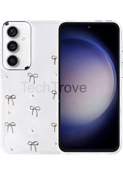 Samsung Galaxy S23 Fe Kılıf Kabartmalı Desenli Simli Şeffaf Kapak
