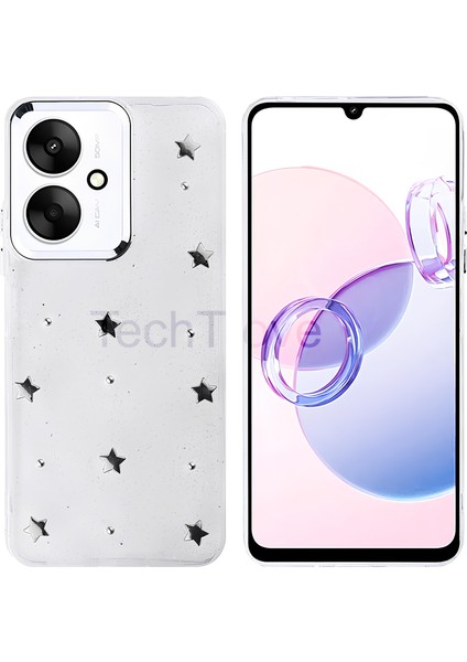 Xiaomi Poco C65 Kılıf Kabartmalı Desenli Simli Şeffaf A+ Kalite Kapak