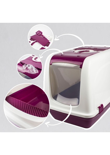 Büyük Boy Kapalı Kedi Tuvaleti Fuşya + Kürek Hediyeli