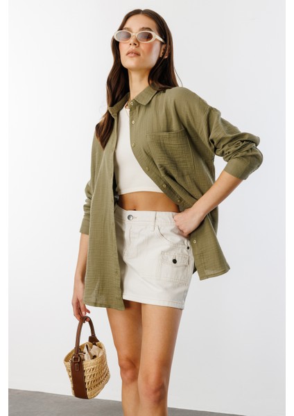 Oversize Basic Müslin Kadın Gömlek Kadın-Müslin-Gömlek