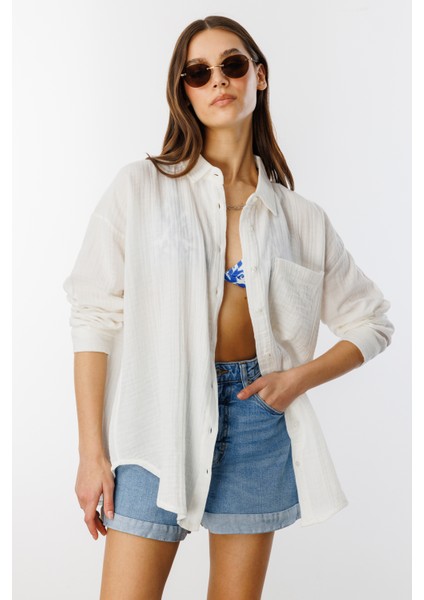 Oversize Basic Müslin Kadın Gömlek Kadın-Müslin-Gömlek
