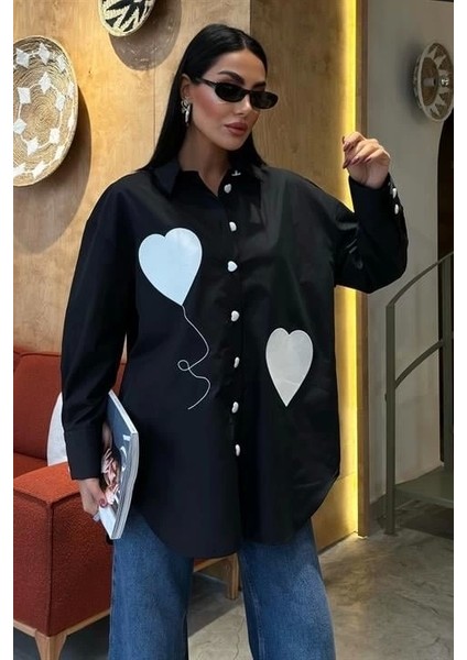 Kalp Nakışlı ve Düğme Detaylı Oversize Gömlek 3430