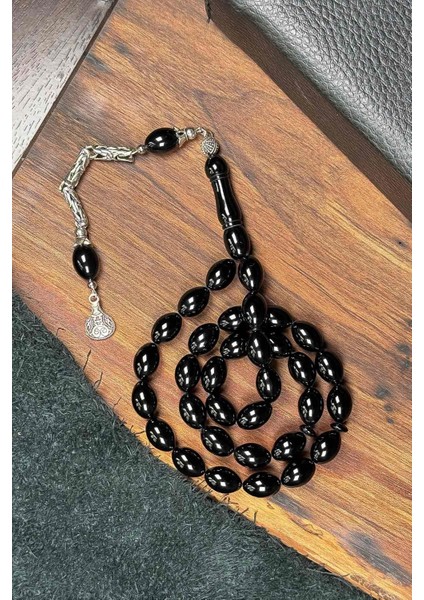Metal Püsküllü Siyah Renk Arpa Tane Sıkma Kehribar Tesbih
