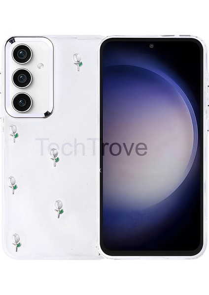 Samsung Galaxy S23 Fe Kılıf Kabartmalı Desenli Simli Şeffaf Kapak