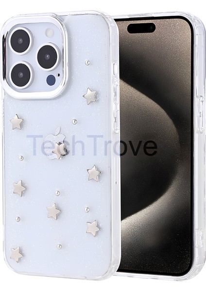 Apple iPhone 15 Pro Kılıf Kabartmalı Desenli Simli Şeffaf A+ Kalite Kapak