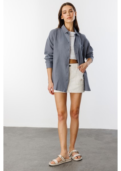 Oversize Basic Müslin Kadın Gömlek Kadın-Müslin-Gömlek